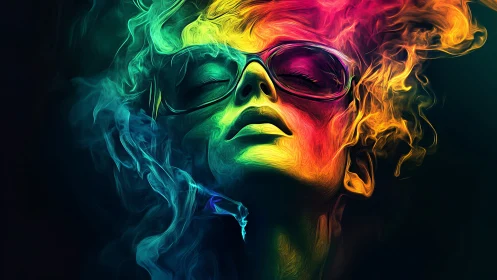 Digital portrait of face in multicolor smoke gradients.