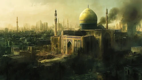 War-torn domed city mosque stands amid smoky ruins.