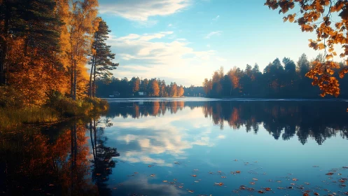 Autumn forest lake mirrors glowing trees and bright sky.