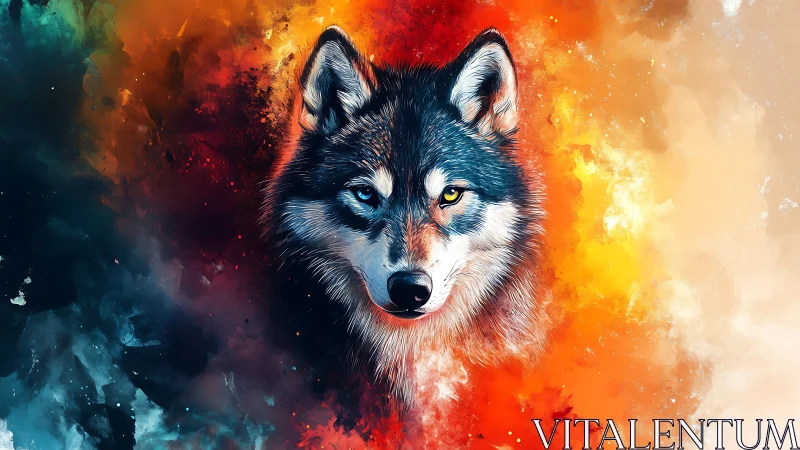 Wolf portrait splits fire and ice nebula color fields.