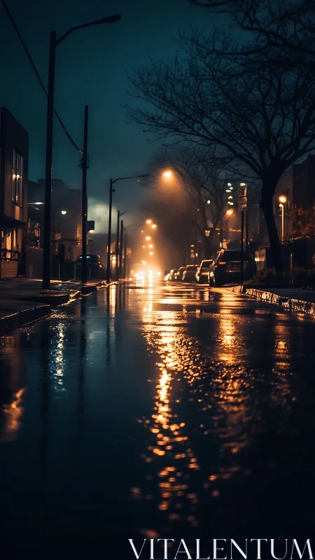 Rainwashed city street dreaming in blue and amber light.