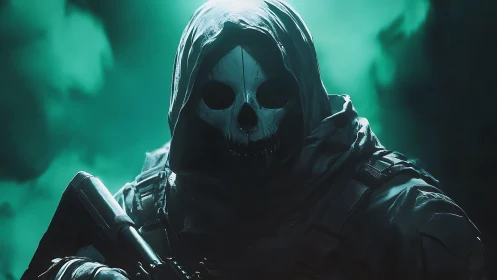 Hooded soldier with skull mask in teal backlit environment.