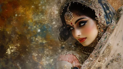 Ornate bridal portrait captures jeweled veil and luminous gaze