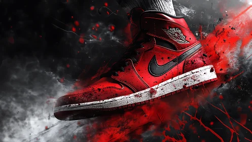 Bold red basketball sneaker surges through splashes of energy