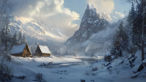 Winter cabins whisper beneath a towering, cloud-kissed peak