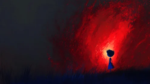Silhouetted figure observes red illuminated vortex in field