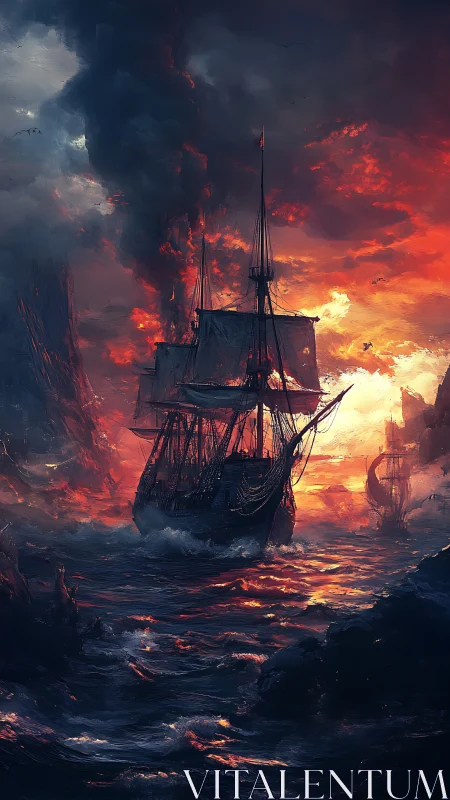 Storm-tossed galleon navigates incandescent infernal seascape