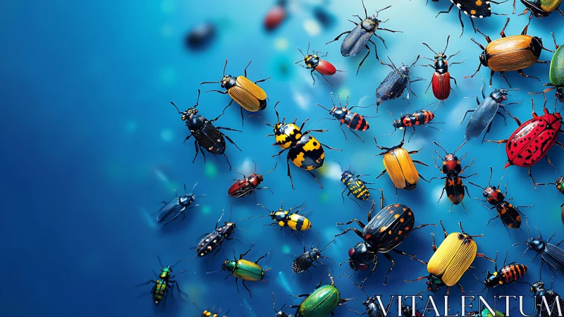 Colorful beetle specimens arranged over blue gradient field.