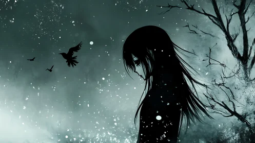 Solitary anime girl silhouettes against winter night sky