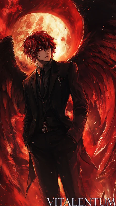 Red winged figure in suit before large burning moon.