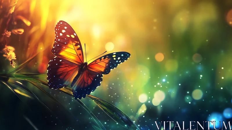 Vibrant butterfly on glowing grass in magical, dreamy style.