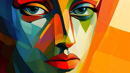 Colorful geometric portrait gazes back with quiet intensity