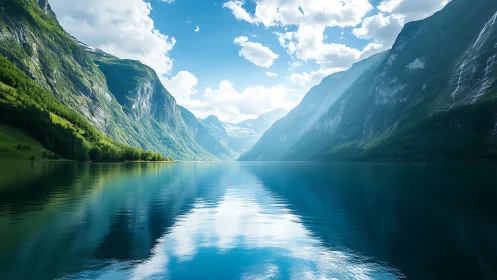 Glacial fjord landscape with reflective alpine water symmetry.