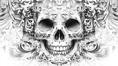Baroque skull ornament in monochrome digital engraving style.