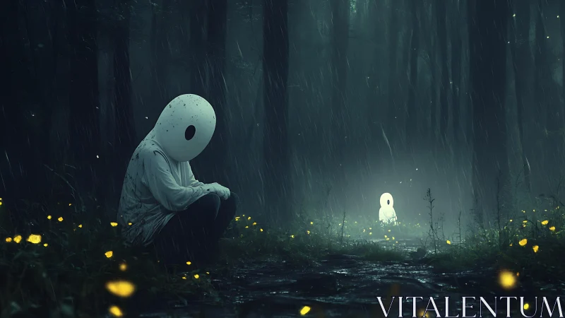 Masked figure meets glowing spirit in rain-soaked forest