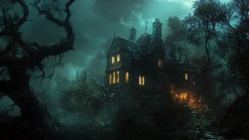 Moody forest manor glowing with mysterious warm light.
