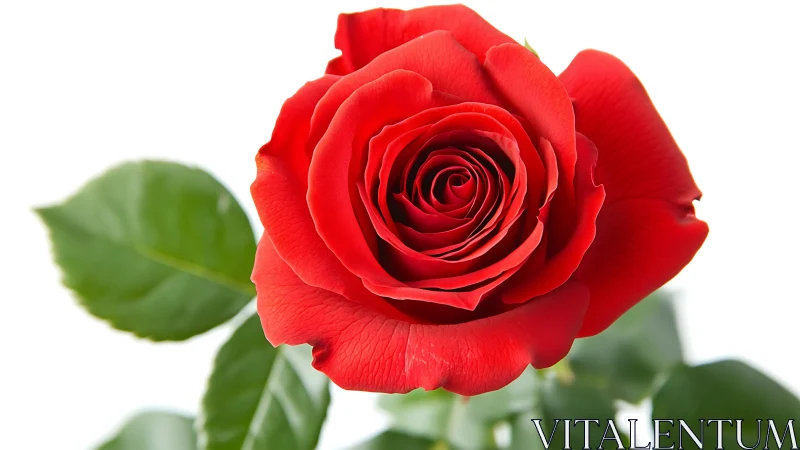 Red Rose Bloom with Green Foliage Against White Background
