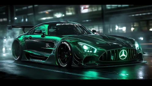 Green-lit racing coupe on wet urban street at night.