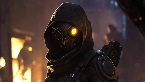 Hooded sci fi scout pauses in a glowing city alleyway at dusk