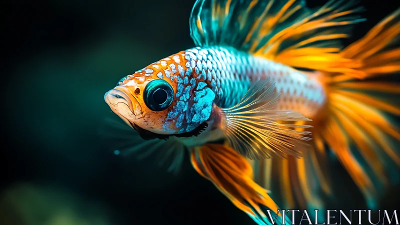 Photorealistic close view shows colorful ornamental fish