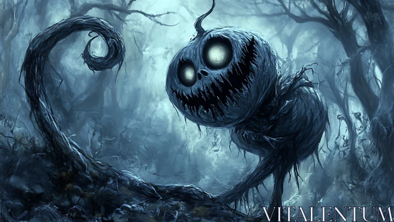 Digital painting of a twisted pumpkin wraith in haunted forest.