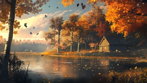 Autumn lake cabin basks in golden evening forest light.