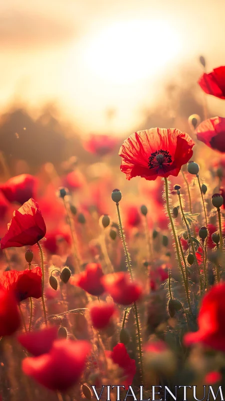 Red Poppies in Golden Hour Sunset Light.