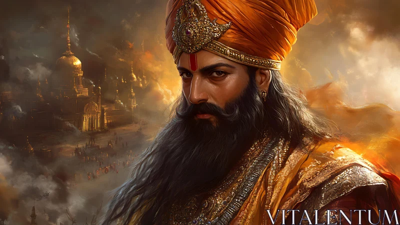 Regal turbaned commander amid incendiary temple skyline.