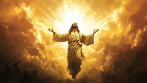 Radiant ascension figure rises in glowing golden heavens