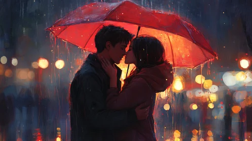 Two Hearts Ignite: Scarlet Shelter in Urban Rain