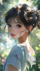 Gentle garden sunlight wraps around a thoughtful young girl