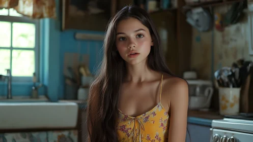 Young woman in vintage kitchen with soft window light.