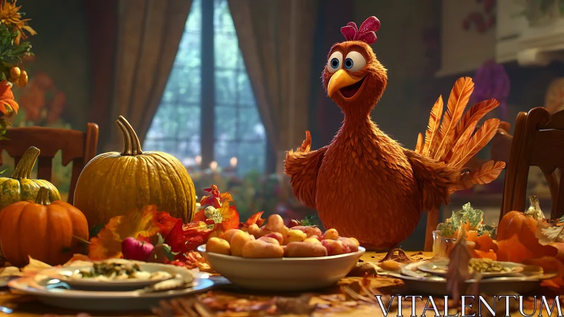 Cheerful Red Rooster at Autumn Harvest Dinner Table
