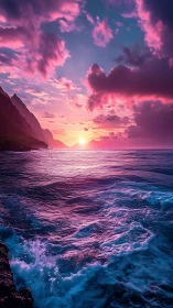 Vivid pink sunset over dramatic coastal ocean cliffs.