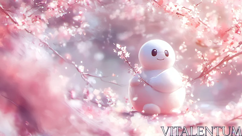 Cute white robot cradles cherry blossoms in soft bloom