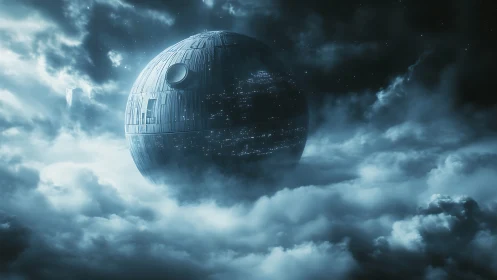 3D spherical battle station suspended in nocturnal cloudscape.