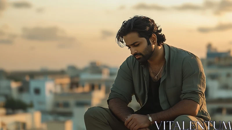 Man seated on rooftop at sunset over urban skyline.