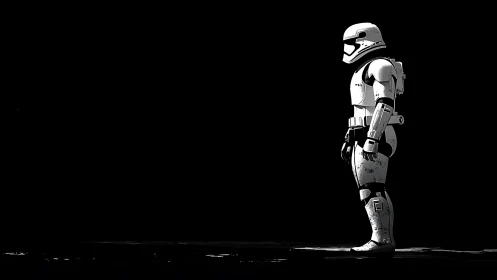 Lone armored trooper standing quietly in deep space shadows.