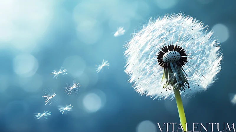 Dandelion seed head with seeds drifting in soft light.