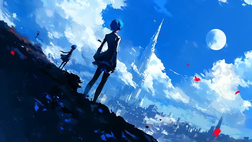 Wide-angle anime skyline with backlit figures and spired tower