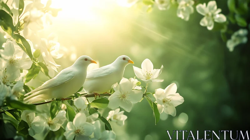 White Doves Among Spring Blossoms in Soft Sunlight.