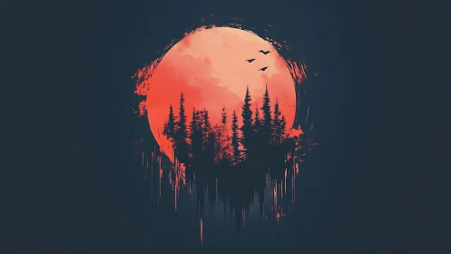 Crimson moon rises behind dark pines in a moody night sky