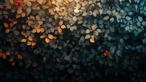 Cyan foliage canopy with warm top‑lit autumnal highlights