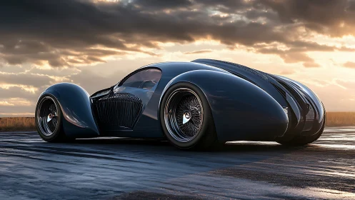 Midnight streamliner prowls a sunlit runway horizon.