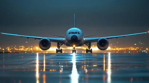 Night runway glow with a jet ready for takeoff.