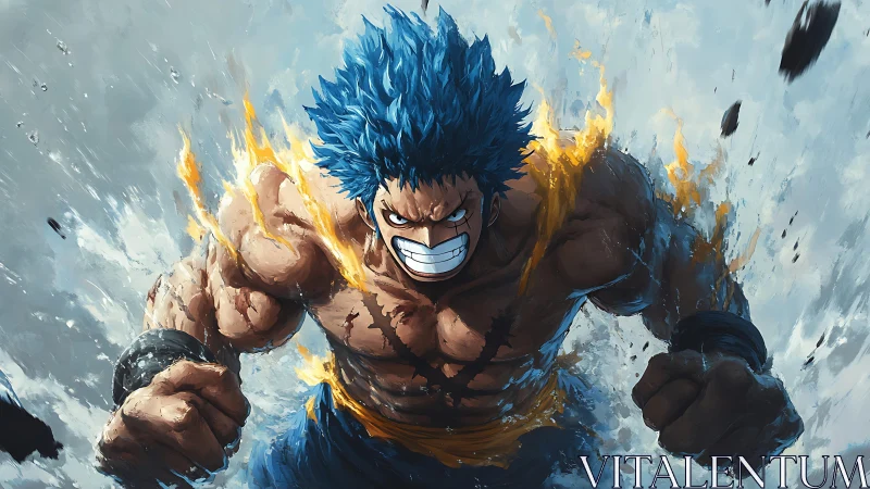 Blue flamed brawler tears forward through shattered sky