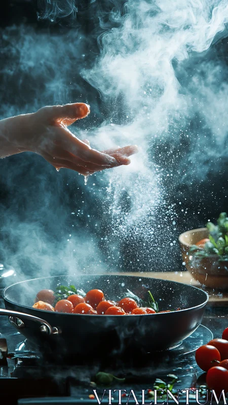 Hand sprinkles salt over steaming cherry tomatoes in pan