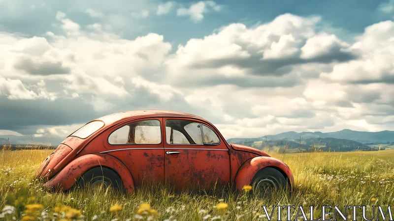Aging red vintage car rests in sunlit rural meadow landscape
