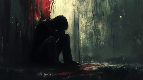 Shadowed loner curled beneath bleeding city light.