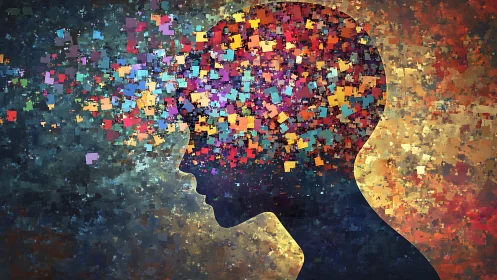 Human silhouette dissolves into vivid pixelated thoughts.